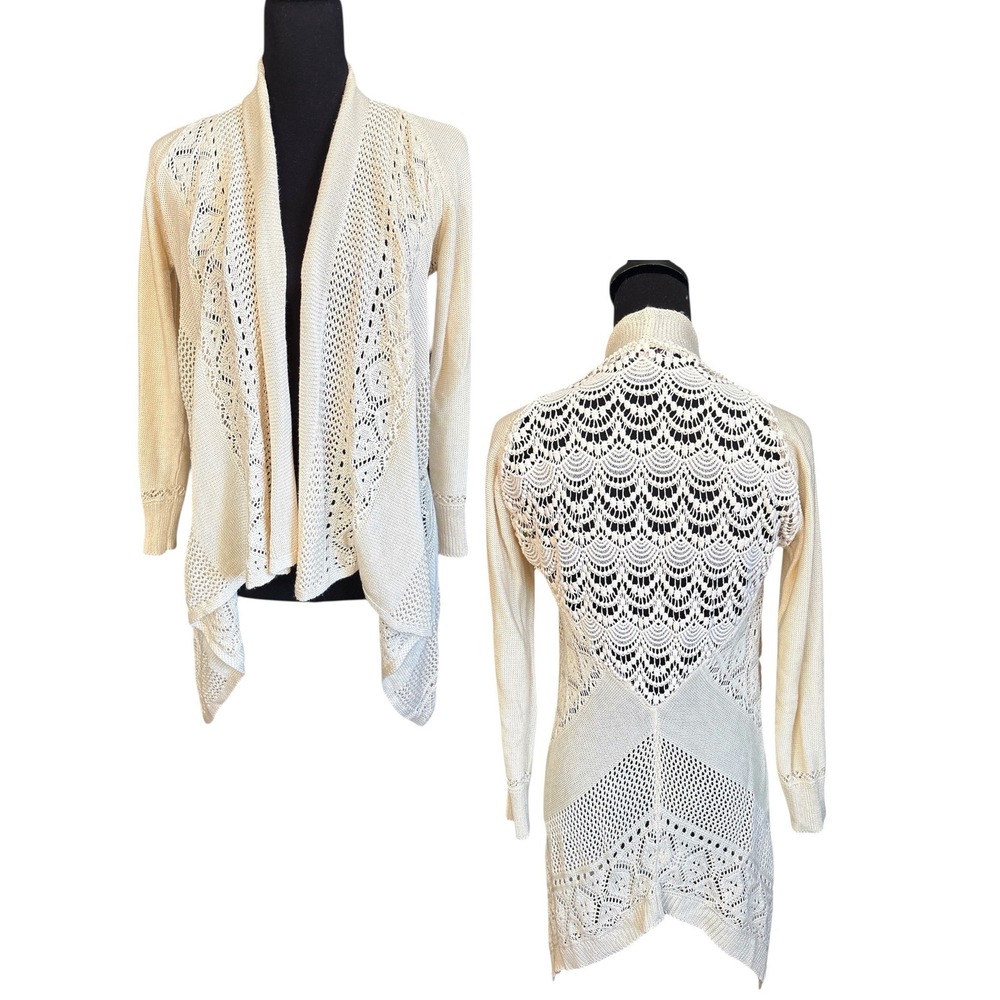 Knox Rose Cream Open Front Crocheted Lace Cardigan,Small, Cottagecore, Boho,Chic
